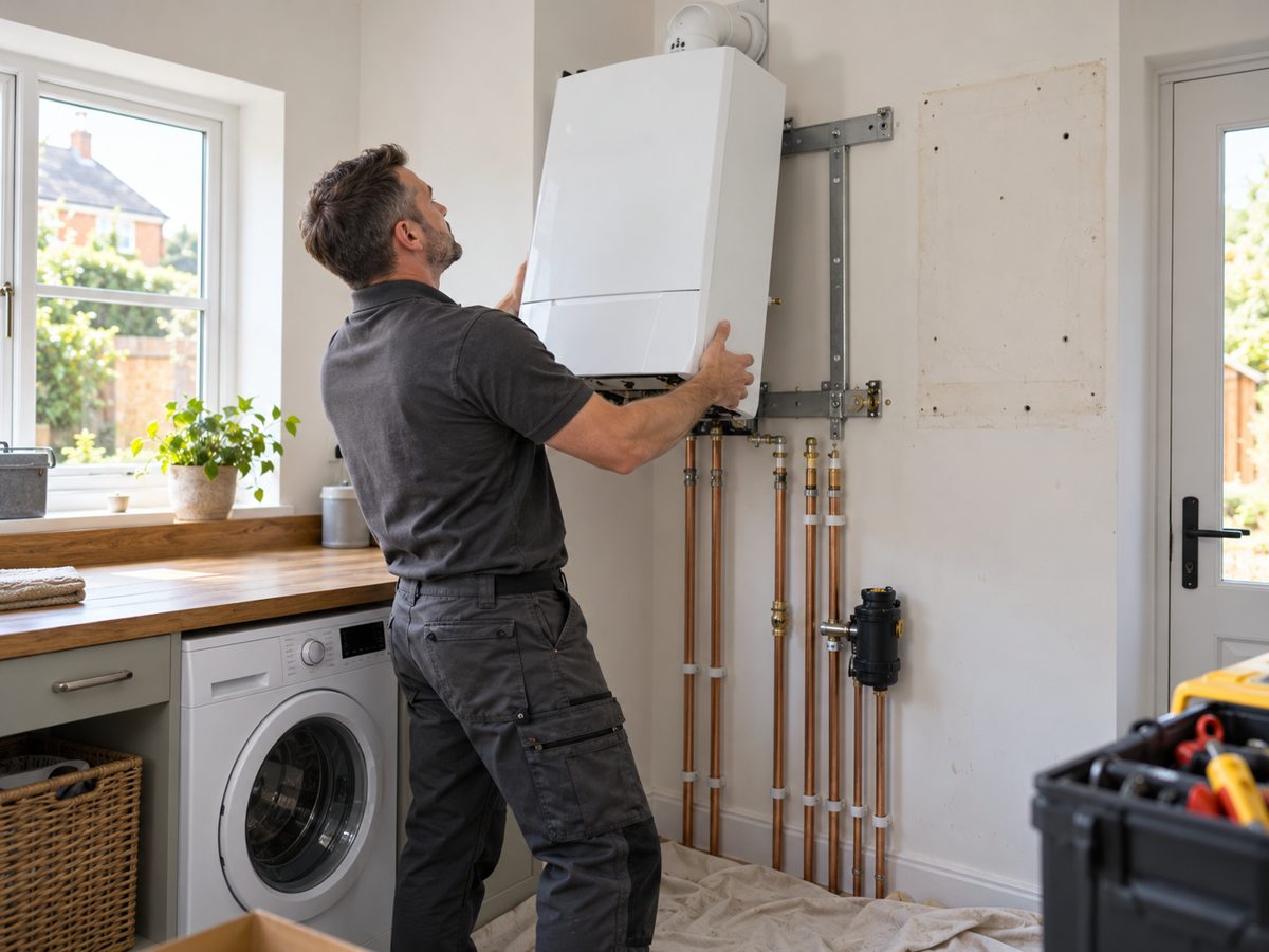 Engineer lifting a new combi boiler onto its wall bracket during a boiler replacement