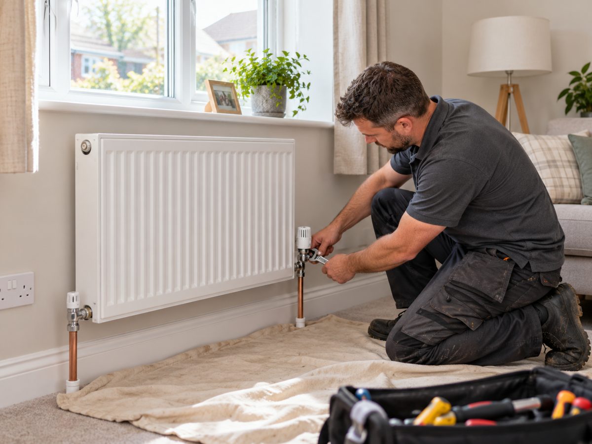 Heating engineer fitting a thermostatic valve to a new radiator in a living room